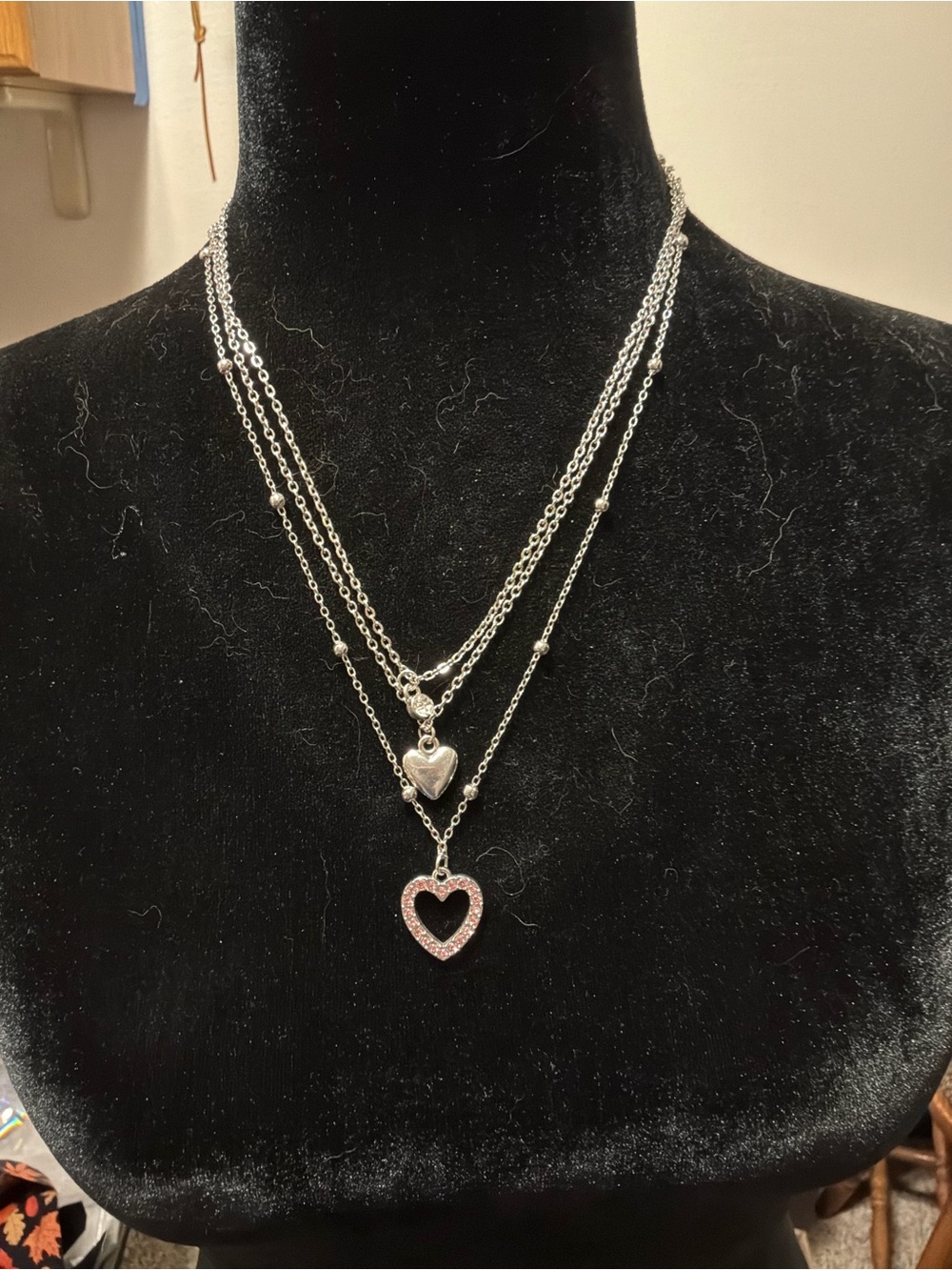 Multi-Layer  Heart Pendant Necklace with Pink Accents